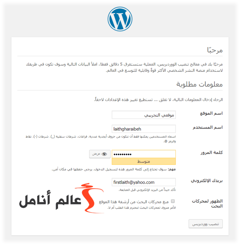 إعداد اسم الموقع وحساب مدير WordPress على السيرفر المحلي