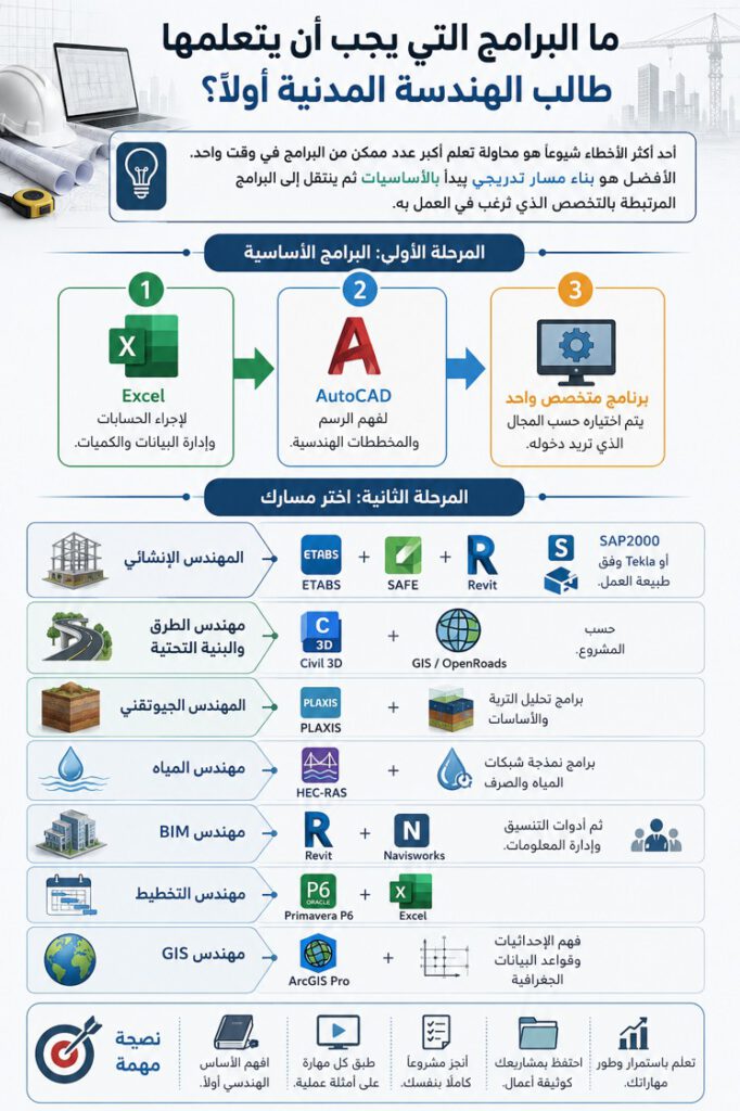 مسار تعلم برامج الهندسة المدنية للطلاب حسب التخصص من Excel وAutoCAD إلى البرامج الهندسية المتخصصة