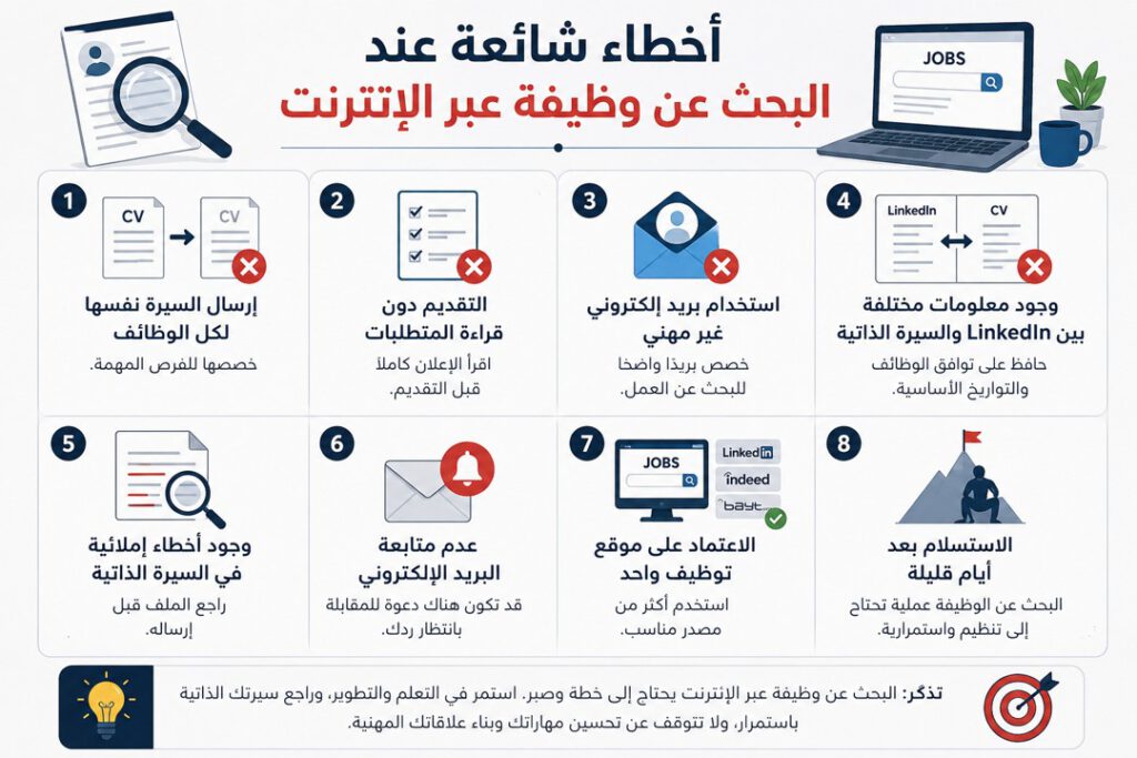 إنفوجرافيك يوضح 8 أخطاء شائعة عند البحث عن وظيفة عبر الإنترنت وكيفية تجنبها