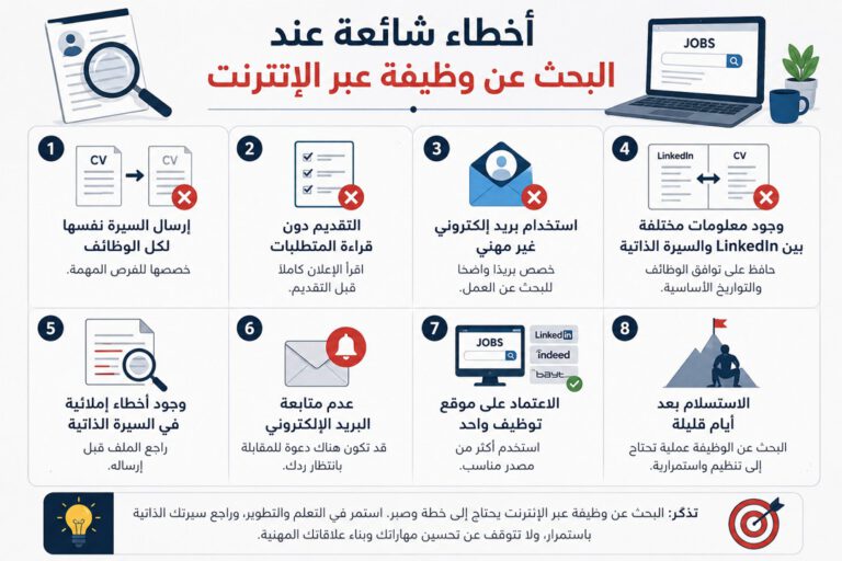إنفوجرافيك يوضح 8 أخطاء شائعة عند البحث عن وظيفة عبر الإنترنت وكيفية تجنبها