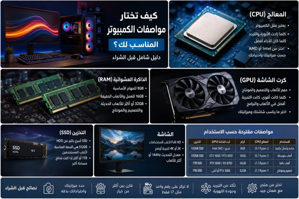 إنفوجرافيك يشرح كيفية اختيار مواصفات الكمبيوتر المناسبة من حيث المعالج والرام وكرت الشاشة وSSD والشاشة حسب نوع الاستخدام