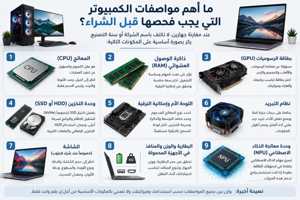إنفوجرافيك يوضح أهم مواصفات الكمبيوتر التي يجب فحصها قبل الشراء مثل المعالج والرام وكرت الشاشة وSSD واللوحة الأم والتبريد والشاشة والبطارية وNPU
