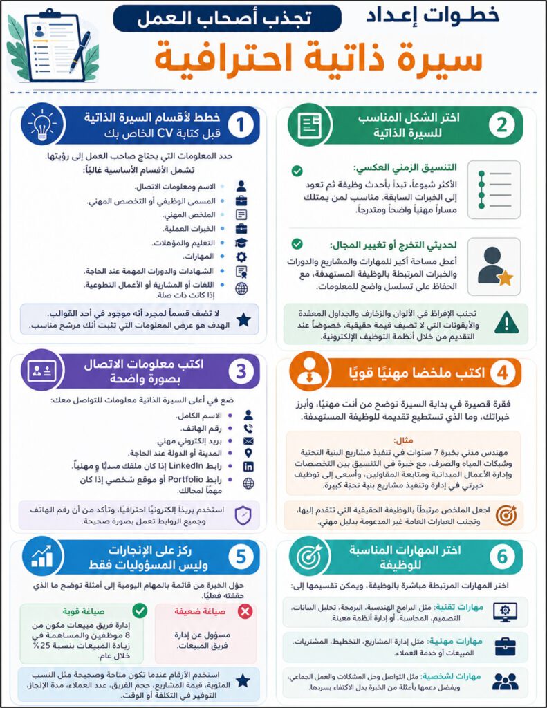 إنفوجرافيك يوضح خطوات إعداد سيرة ذاتية احترافية تشمل تنظيم الأقسام واختيار التنسيق وكتابة الملخص وإبراز الإنجازات والمهارات
