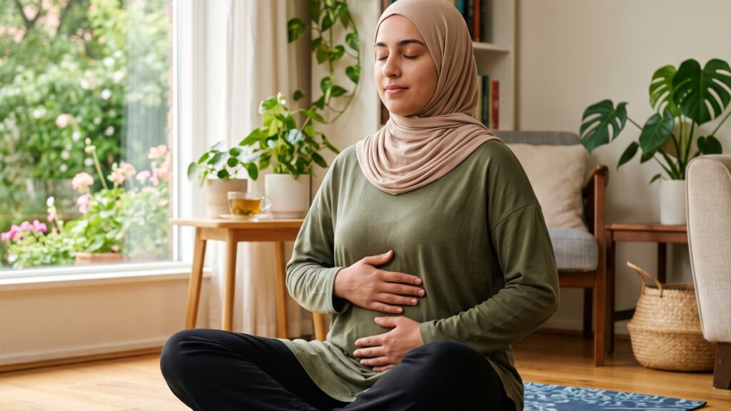 فتاة تقوم تمارين التنفس العميق (Diaphragmatic Breathing) بهدف تحسين جودة النوم