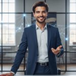شاب محترف يعرض مهاراته بثقة في بيئة عمل حديثة.