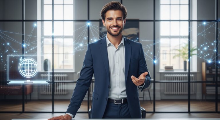 شاب محترف يعرض مهاراته بثقة في بيئة عمل حديثة.