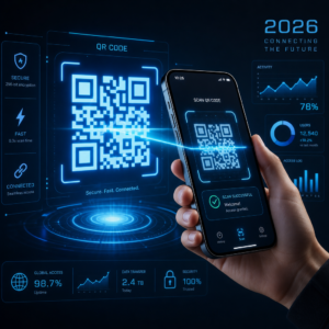 شخص يستخدم هاتفه الذكي لمسح رمز QR Code متوهج باللون الأزرق في بيئة رقمية حديثة.