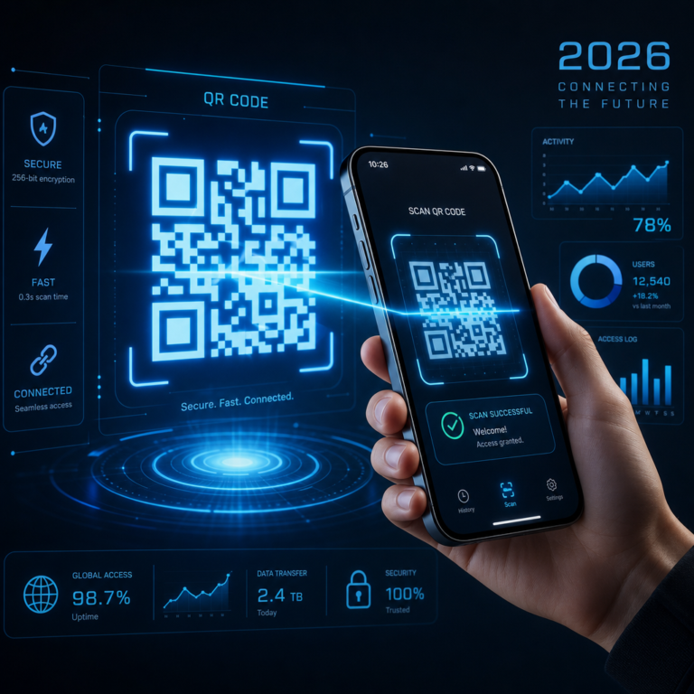 شخص يستخدم هاتفه الذكي لمسح رمز QR Code متوهج باللون الأزرق في بيئة رقمية حديثة.