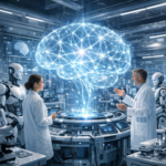مختبر علمي مستقبلي في عام 2026 يظهر فيه الذكاء الاصطناعي كشريك للعلماء.
