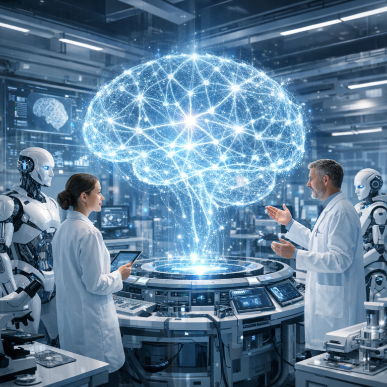 مختبر علمي مستقبلي في عام 2026 يظهر فيه الذكاء الاصطناعي كشريك للعلماء.