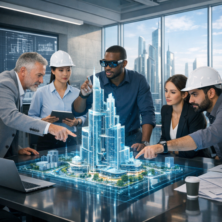 مهندسون يتعاونون حول نموذج ثلاثي الأبعاد لمشروع بنائي حديث باستخدام البرامج الهندسية المتقدمة في عام 2026.