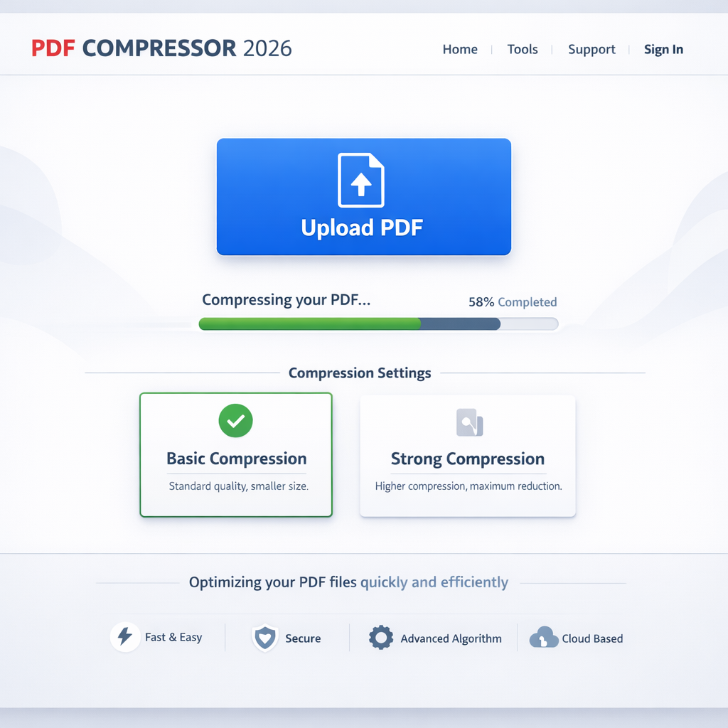 واجهة مستخدم لأداة ضغط ملفات PDF مجانية عبر الإنترنت.
