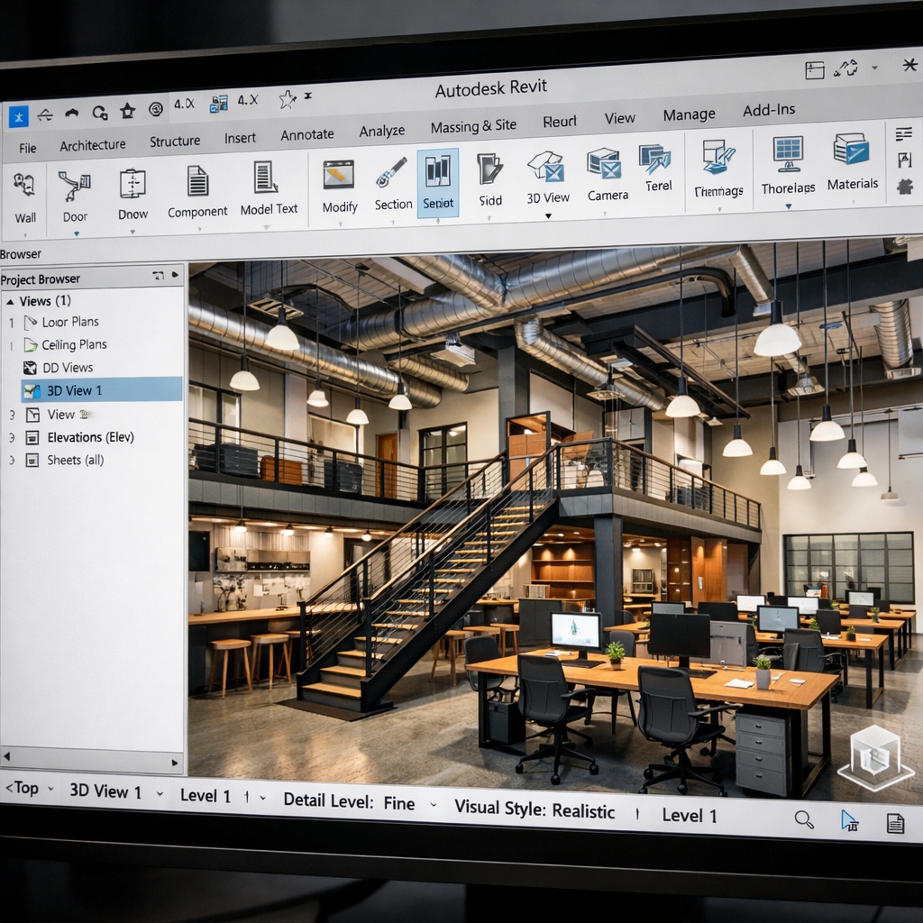 شاشة حاسوب تعرض نموذجًا معماريًا ثلاثي الأبعاد مفصلاً في برنامج Revit، يوضح التصميم الداخلي للمبنى - البرامج الهندسية لتصميم المشاريع
