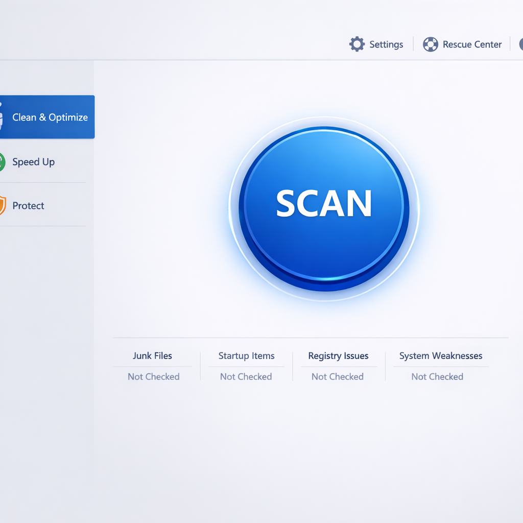 واجهة مستخدم لبرنامج IObit Advanced SystemCare تظهر زر الفحص الرئيسي وأدوات التسريع والحماية - تسريع الكمبيوتر ببرامج الصيانة