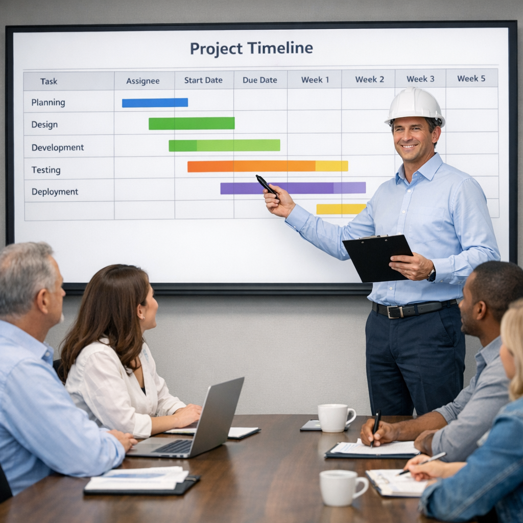 مهندس يعرض خطة مشروع على فريق عمل باستخدام أدوات إدارة المشاريع الحديثة.