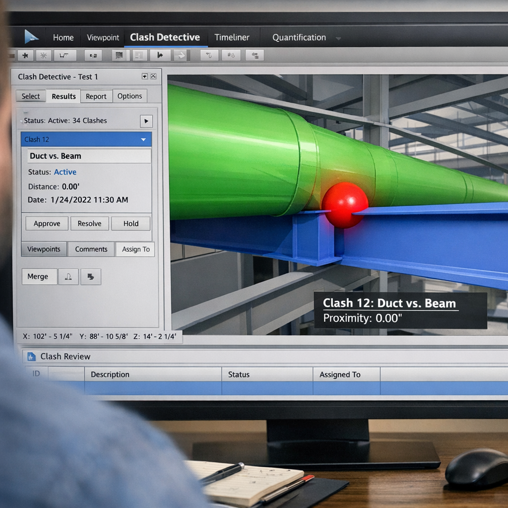 برنامج Navisworks يكشف عن تعارض بين مجرى تكييف وجسر إنشائي في نموذج معلومات البناء (BIM).
