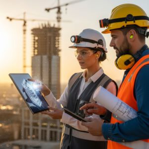مهندسون يراجعون بيانات طريقة العمل في موقع إنشائي حديث 2026