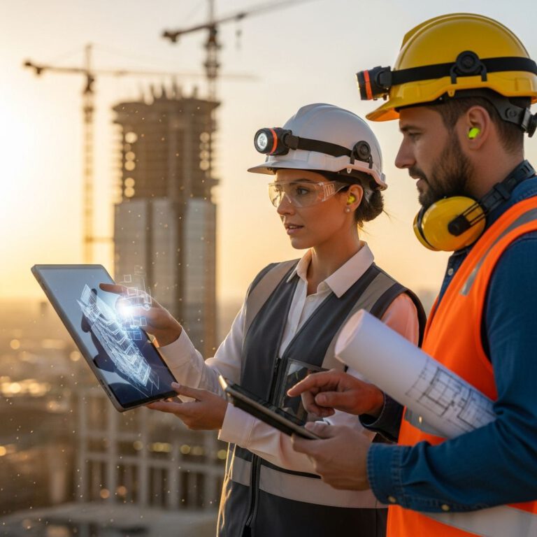 مهندسون يراجعون بيانات طريقة العمل في موقع إنشائي حديث 2026