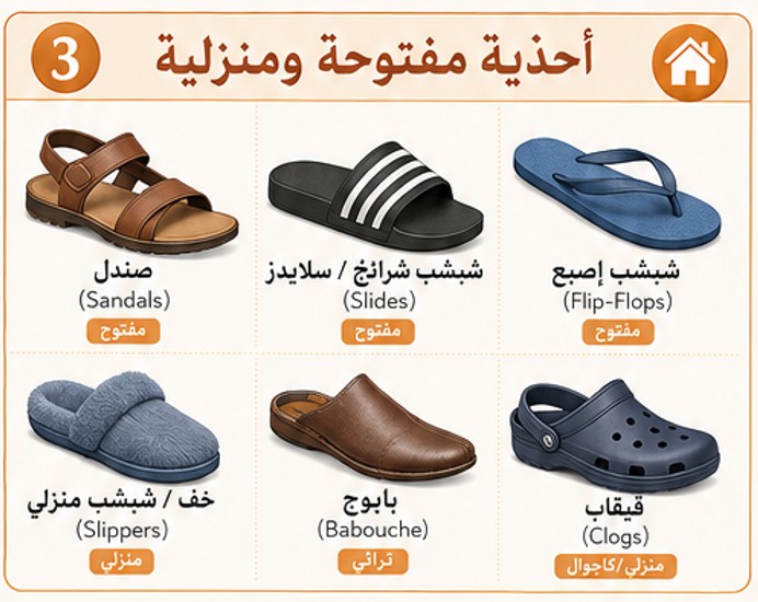 ملخص مسميات الأحذية المفتوحة والمنزلية (House Shoes)