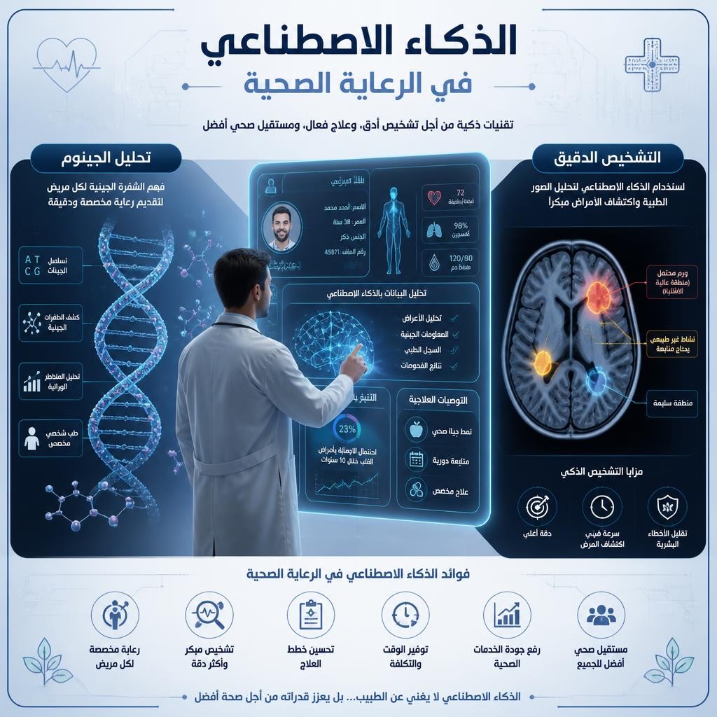 إنفوجرافيك يوضح استخدام الذكاء الاصطناعي في الرعاية الصحية للتشخيص الدقيق وتحليل الجينوم -  كيف سيغير الذكاء الاصطناعي حياتنا
