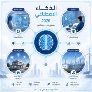 رسم توضيحي يظهر كيف يحسن الذكاء الاصطناعي جودة الحياة في 2026 عبر قطاعات الصحة والتعليم والمنازل الذكية.