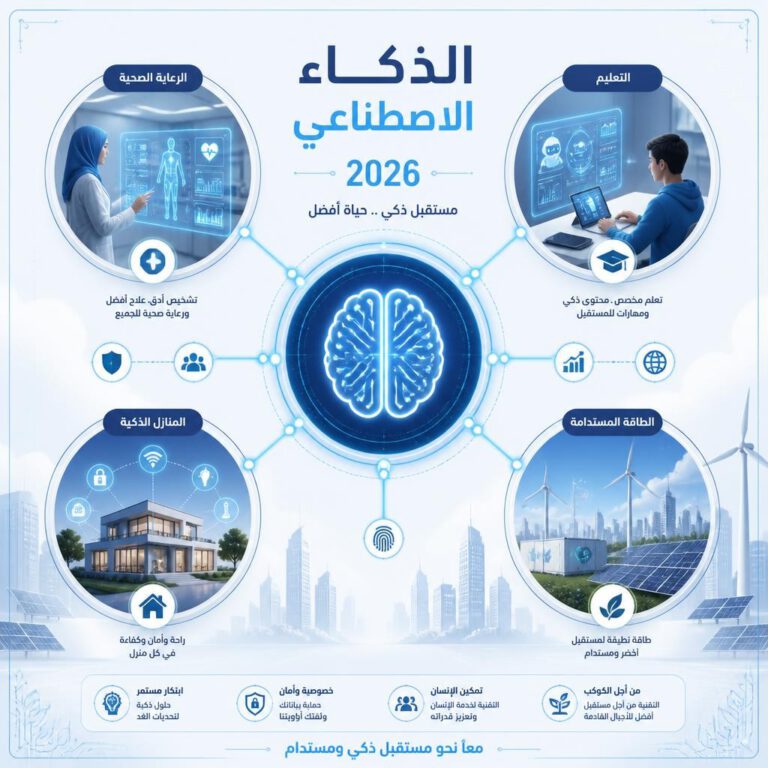 رسم توضيحي يظهر كيف يحسن الذكاء الاصطناعي جودة الحياة في 2026 عبر قطاعات الصحة والتعليم والمنازل الذكية.