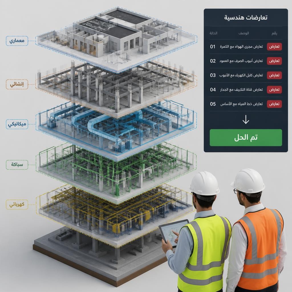 كشف التعارضات بين الأنظمة المعمارية والإنشائية والميكانيكية باستخدام BIM