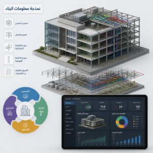 نموذج رقمي ثلاثي الأبعاد يوضح دور نمذجة معلومات البناء BIM في إدارة مشروع إنشائي
