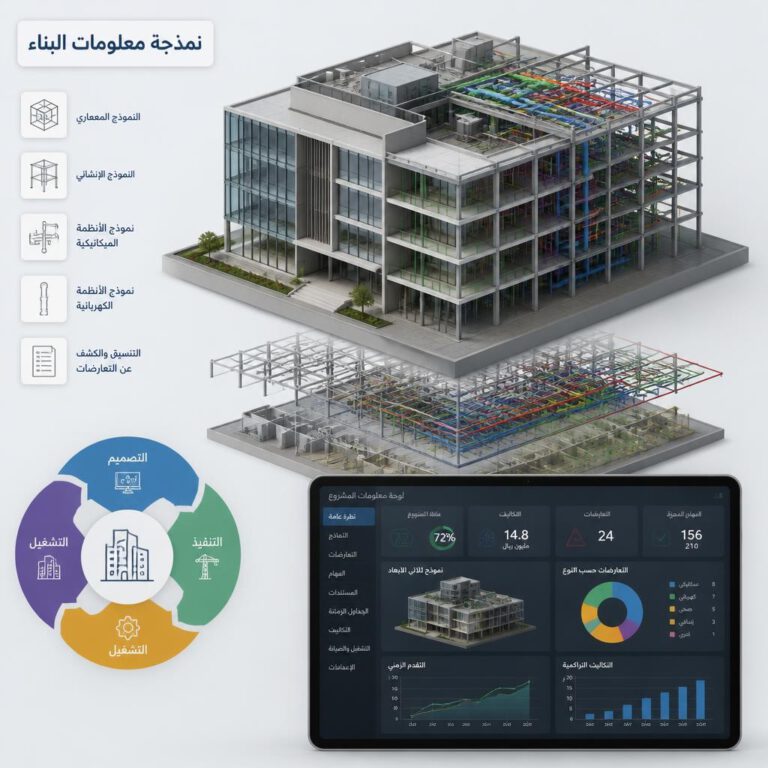 نموذج رقمي ثلاثي الأبعاد يوضح دور نمذجة معلومات البناء BIM في إدارة مشروع إنشائي