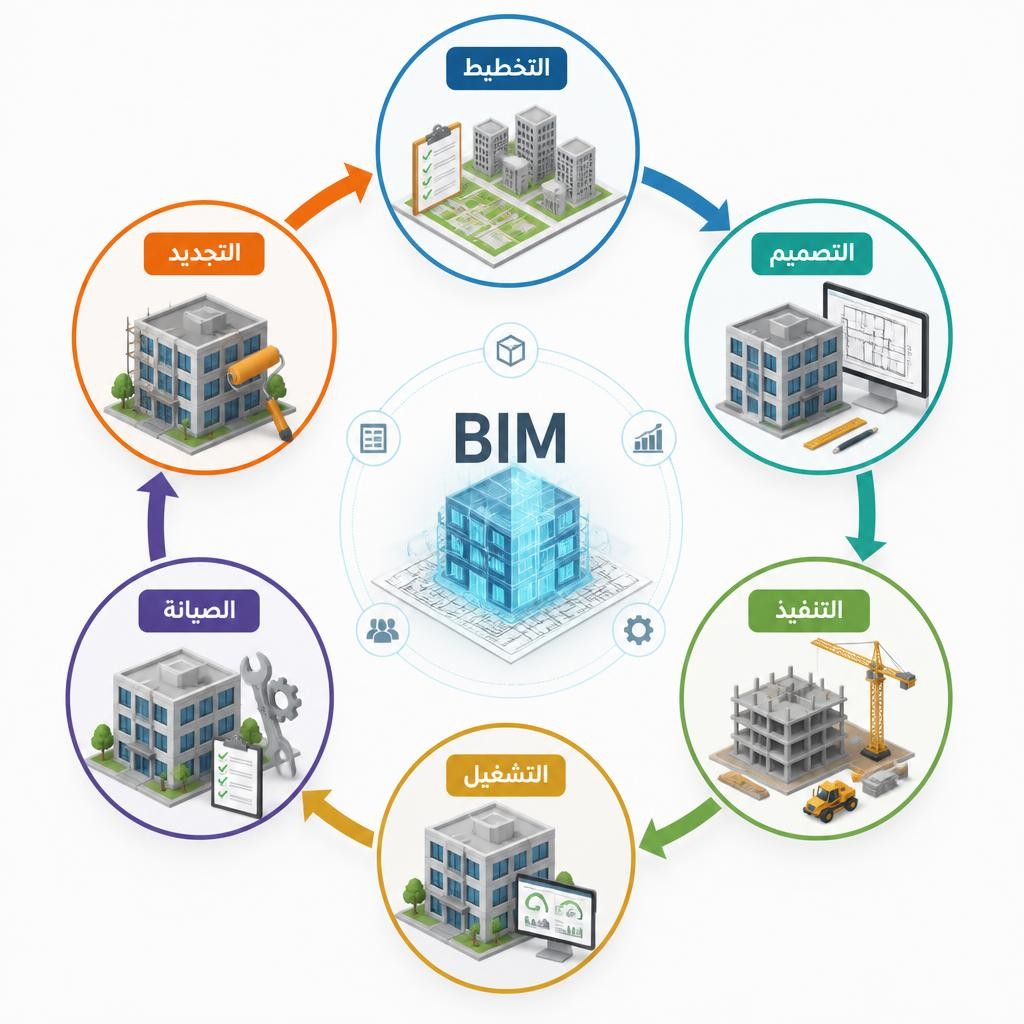 مخطط دورة حياة نمذجة معلومات البناء (نمذجة البناء BIM) من التخطيط إلى التشغيل والصيانة