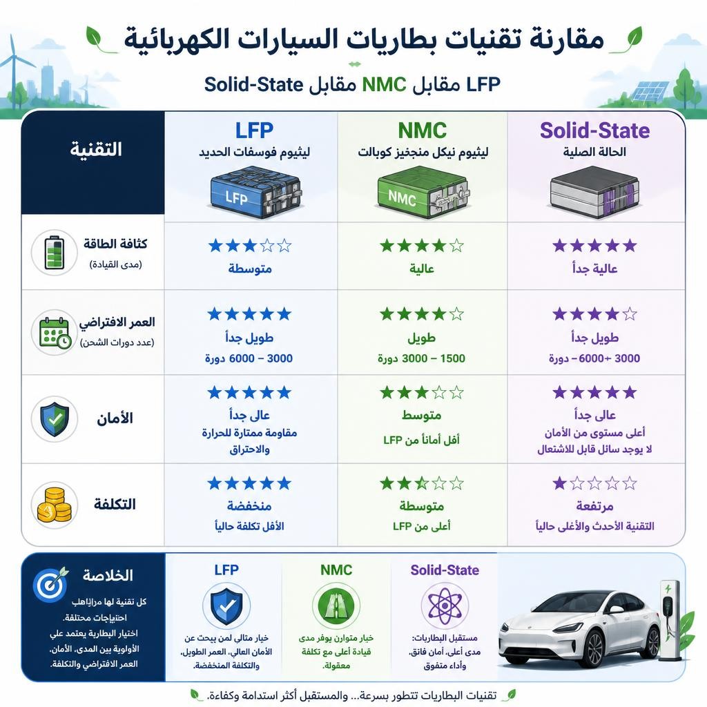 مقارنة بين تقنيات بطاريات السيارات الكهربائية: LFP، NMC، والحالة الصلبة - دليل اختيار السيارة الكهربائية.