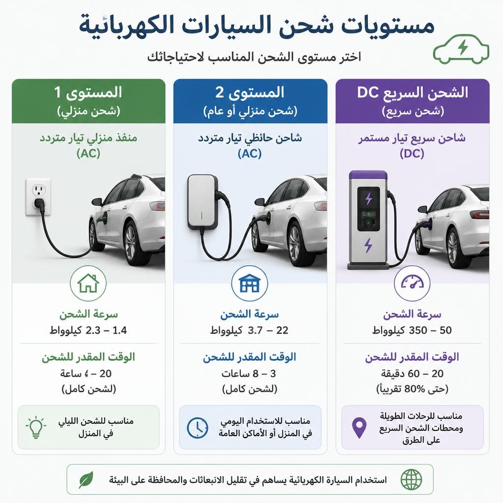 مستويات شحن السيارات الكهربائية المختلفة من الشحن المنزلي إلى الشحن فائق السرعة - دليل اختيار السيارة الكهربائية.