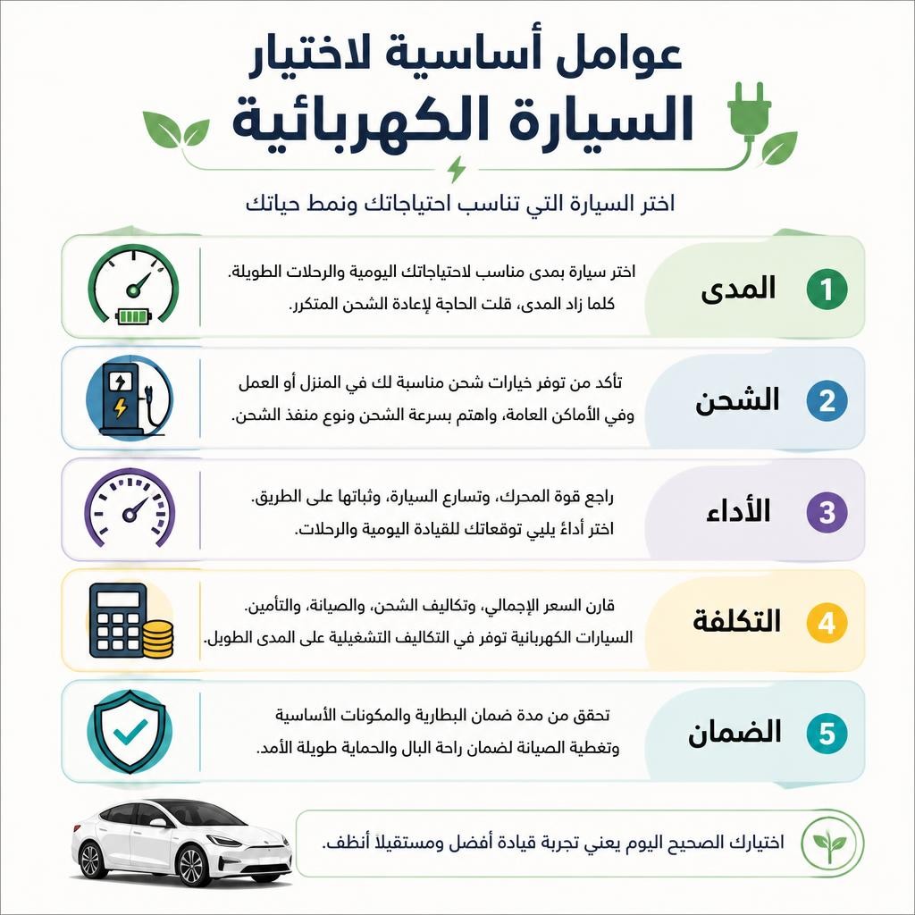 إنفوجرافيك يوضح العوامل الرئيسية لاختيار سيارة كهربائية مثل المدى والشحن والتكلفة - اختيار السيارة الكهربائية المثالية