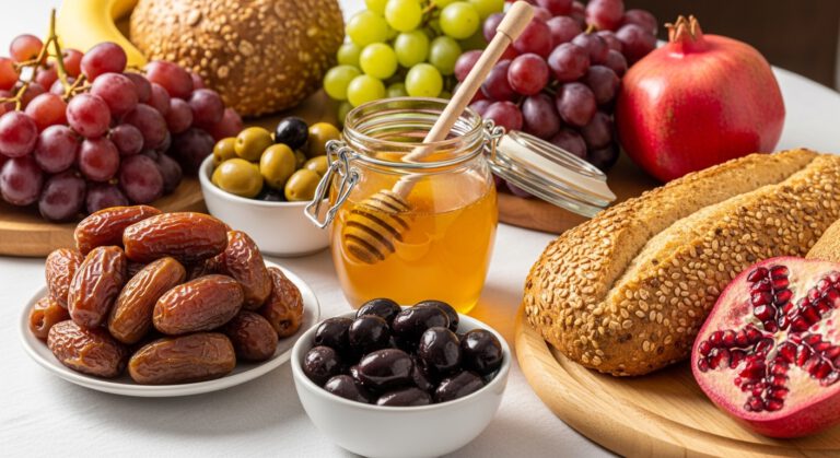 مائدة طعام متنوعة تضم التمر والزيتون والعسل والفاكهة وفق المنهج النبوي
