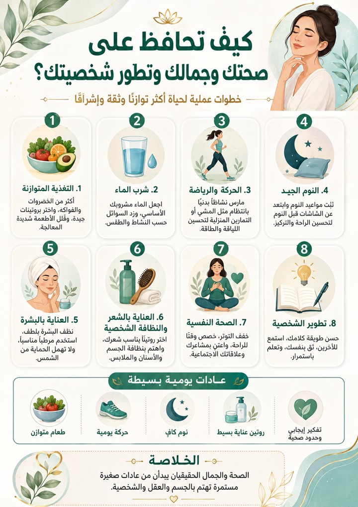 إنفوجرافيك يوضح خطوات المحافظة على الصحة والجمال وتطوير الشخصية من خلال التغذية والرياضة والنوم والعناية بالبشرة والصحة النفسية