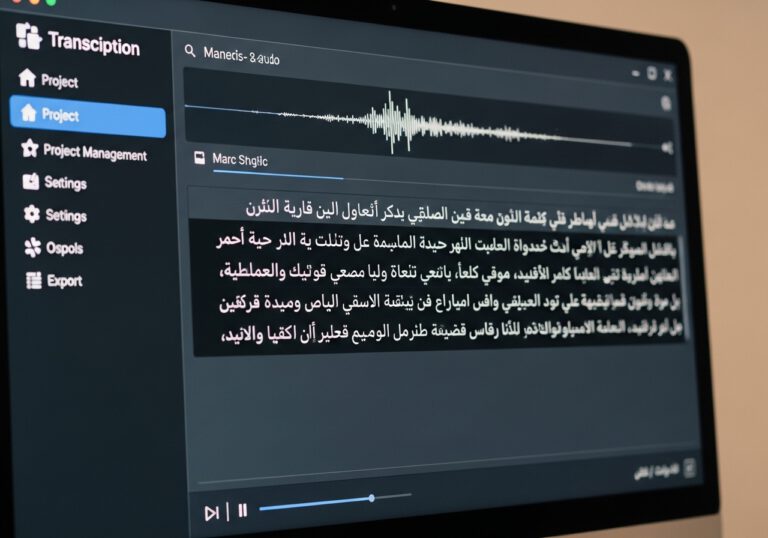 تحويل التسجيلات الصوتية العربية إلى نص شاشة كمبيوتر تعرض برنامج تفريغ صوتي يدعم اللغة العربية - تحويل الصوت إلى نص بالذكاء الاصطناعي.