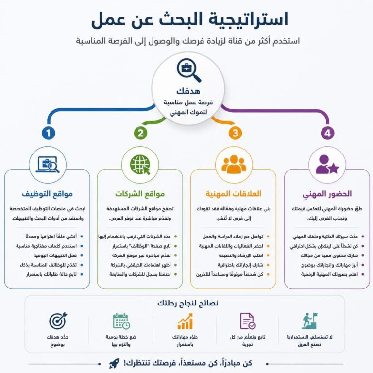 إنفوجرافيك عربي يوضح مسارات استراتيجية البحث عن عمل عبر المنصات والشركات والعلاقات المهنية