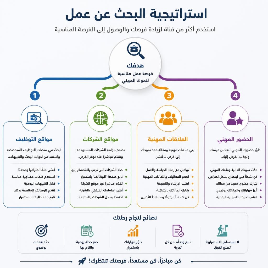 إنفوجرافيك عربي يوضح مسارات استراتيجية البحث عن عمل عبر المنصات والشركات والعلاقات المهنية