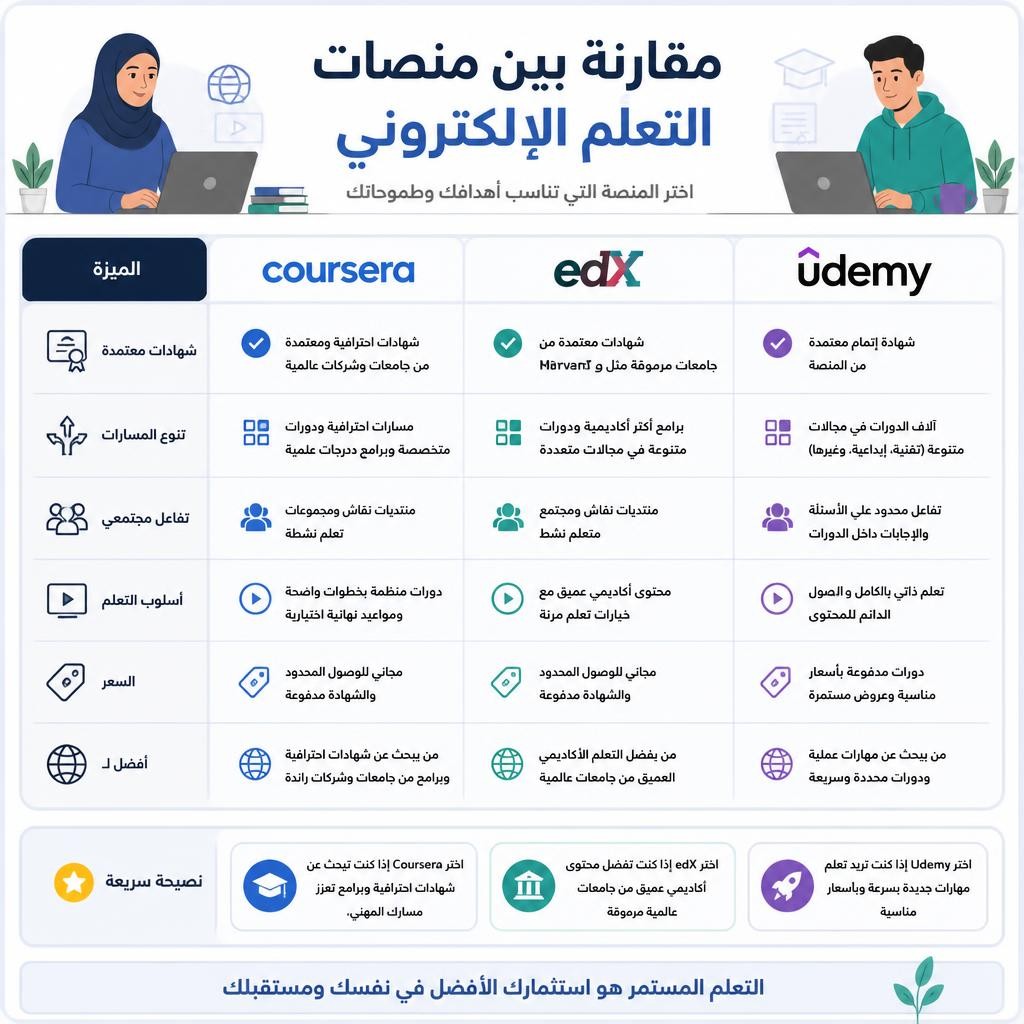 مقارنة بين منصات التعلم عبر الإنترنت مثل كورسيرا و edX - كيف تساهم التكنولوجيا في تطوير الذات.