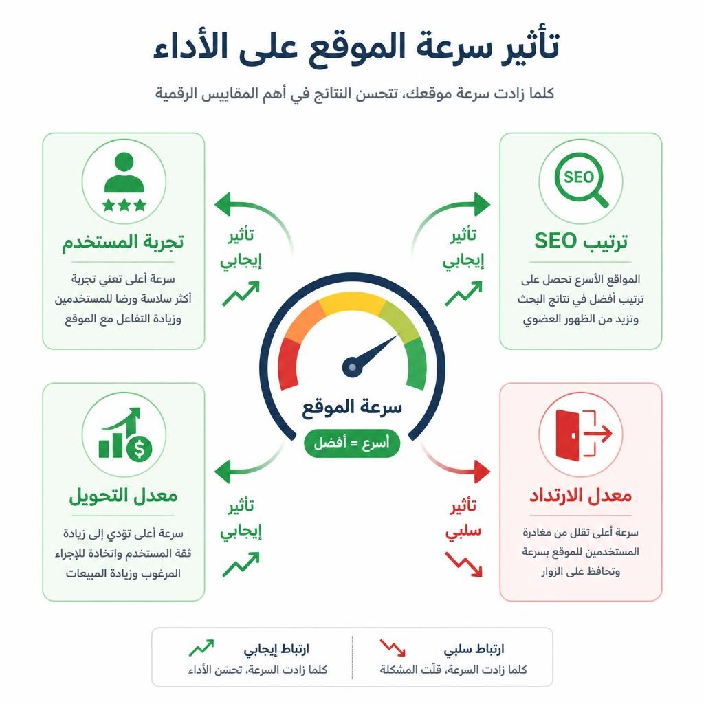 إنفوجرافيك يوضح تأثير سرعة الموقع على تجربة المستخدم، ترتيب السيو، ومعدلات التحويل - دليل تحسين سرعة ووردبريس