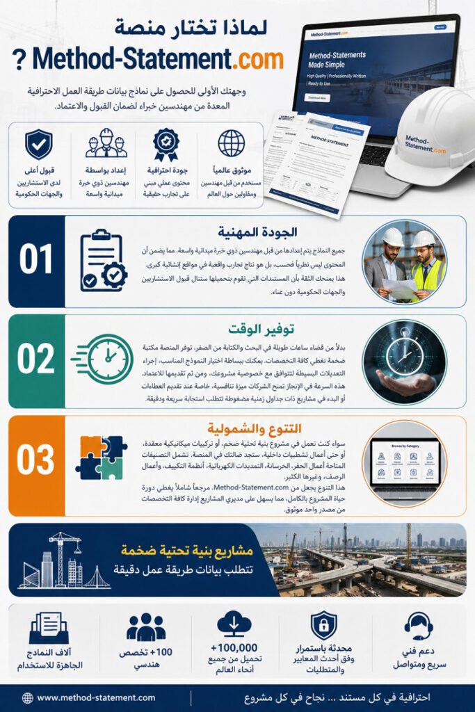 إنفوجرافيك يوضح أسباب اختيار منصة Method-Statement.com للحصول على نماذج Method Statement احترافية، مع التركيز على الجودة المهنية وتوفير الوقت وتنوع التخصصات الهندسية.