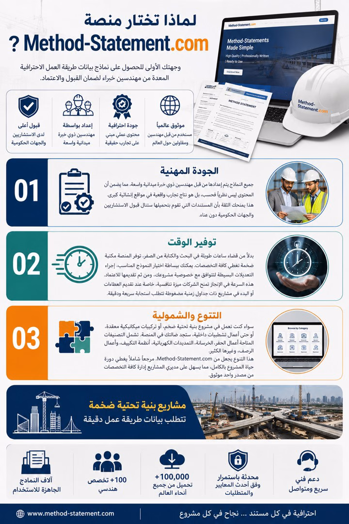 إنفوجرافيك يوضح أسباب اختيار منصة Method-Statement.com للحصول على نماذج Method Statement احترافية، مع التركيز على الجودة المهنية وتوفير الوقت وتنوع التخصصات الهندسية.