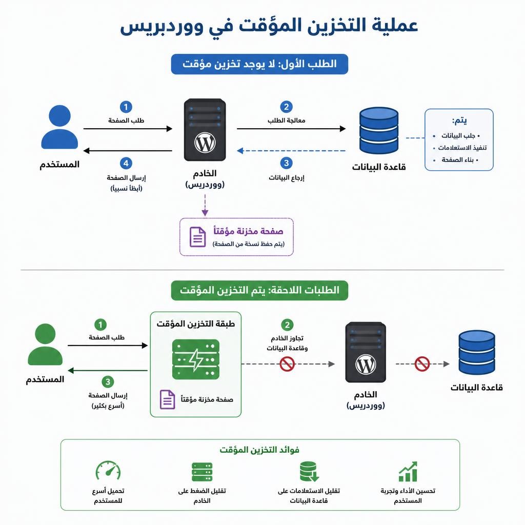 رسم توضيحي لآلية عمل التخزين المؤقت (Caching) في ووردبريس لزيادة السرعة