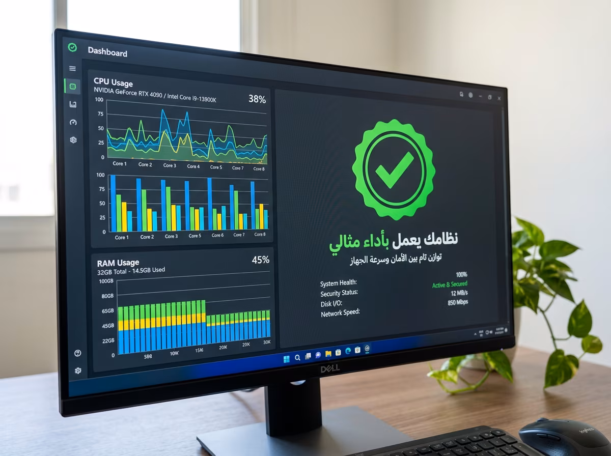 رسوم بيانية توضح استهلاك موارد النظام أثناء عمل برنامج الحماية