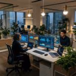 بيئة عمل حديثة تستخدم أدوات الذكاء الاصطناعي وتحليل البيانات لتحسين الإنتاجية