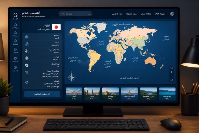 أطلس دول تفاعلي يعرض معلومات الدول على خريطة عالمية