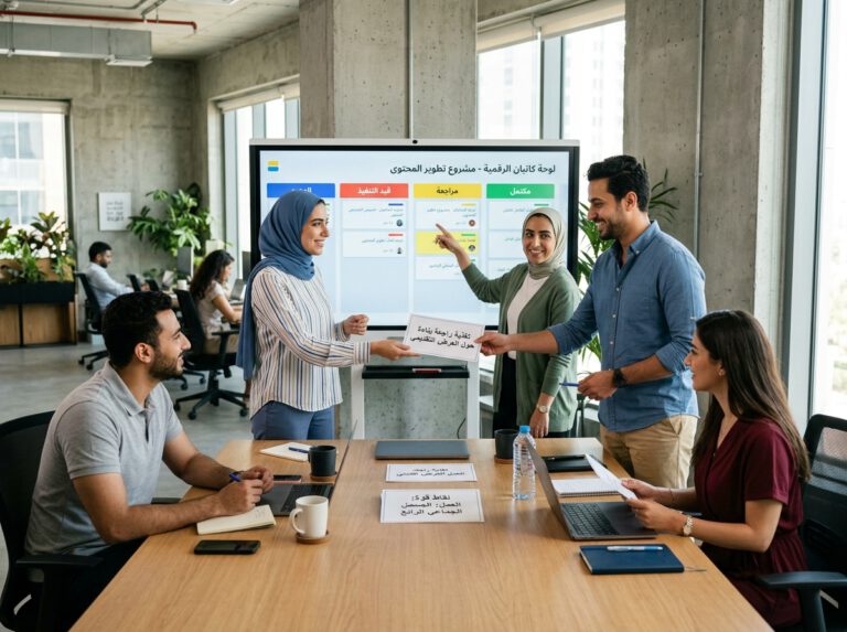 زملاء عمل يتبادلون التغذية الراجعة البناءة وفق بيئة عمل تضمن الأمان النفسي - مهارات التواصل الفعال