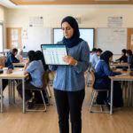 معلم يستخدم جهازاً لوحياً لإدارة الطلاب والدرجات داخل صف مدرسي