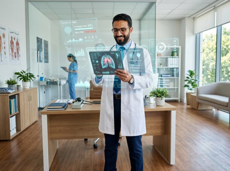 استخدام الذكاء الاصطناعي في الرعاية الصحية طبيب يراجع تحليلات المرضى باستخدام أدوات الذكاء الاصطناعي - كيفية استخدام ChatGPT في العمل.