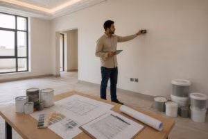 مهندس يقيس جداراً لحساب كمية الدهانات المطلوبة للمبنى